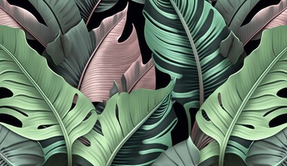 Wall Mural - Tropical exotic seamless pattern. Beautiful textured pastel palm, banana leaves. Hand-drawn vintage 3D illustration. Glamorous abstract background design. Good for luxury wallpapers, Generative AI