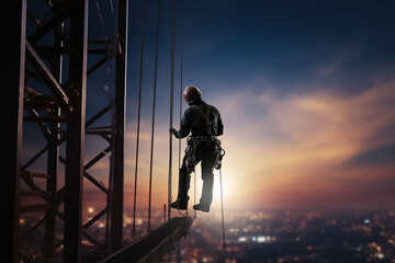 Wall Mural - construction engineer worker at heights,architecture sci-fi construction working platform on top of building, suspended cables, fall protection and scaffolding installation.