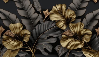 Wall Mural - Golden hibiscus flowers, vintage palm, banana leaves on grey background. Tropical seamless pattern. Hand-drawn premium 3D illustration. Glamorous exotic art. Good for luxury wallpapers, Generative AI