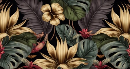 Wall Mural - Tropical exotic seamless pattern with gold hibiscus, bromeliad, birds, monstera, banana leaves, palm, colocasia. Hand-drawn 3D illustration. Good for production wallpapers, cloth-fabric, Generative AI