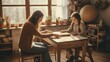© AI Images - Generative AI : Student helping her frustrated friend to learn a difficult lesson on a table at home