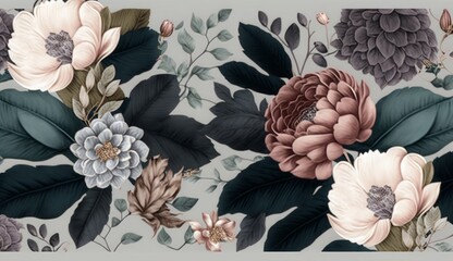 Wall Mural - Floral seamless graphic pattern with vintage peonies, hydrangea, anemone, leaves and other flowers. Hand-drawn. Glamorous design. Good for production wallpapers, cloth and fabric, Generative AI