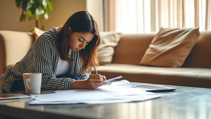 Generative AI : Student studying calculating with a calculator and handwriting notes siting on the floor in the living room at home