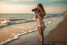 Generative AI : Traveler Tourist Girl Taking Photo Of A Sunset On The Beach In Vacations With A Vintage Slr Camera