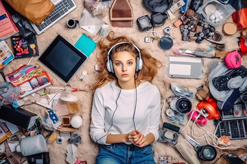 Generative AI : Top view of a woman working on line synchronizing multiple device showing displays lying on the floor at home interior