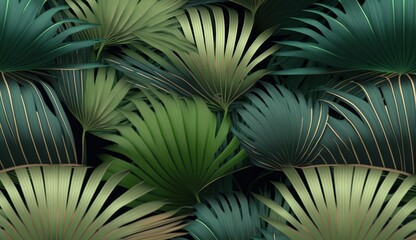 Wall Mural - Tropical background with green textured palm leaves, foliage. Seamless pattern. Hand-drawn premium vintage 3d illustration. Luxury wallpapers, fabric printing, mural, cloth, poster, Generative AI