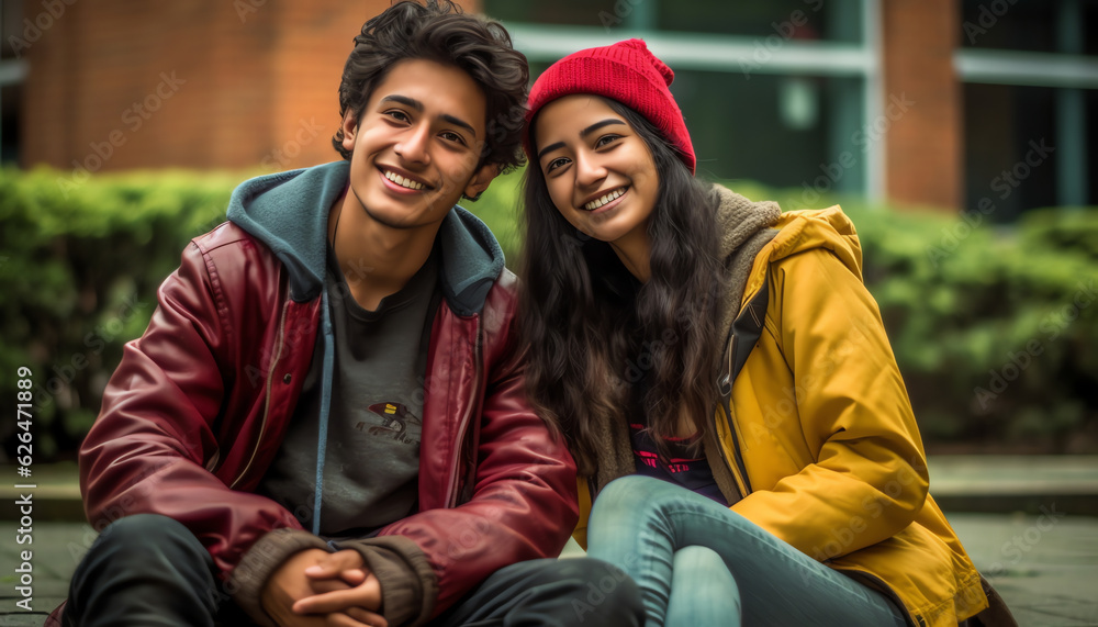 Generative AI : Two students posing looking at you outdoors in an ...