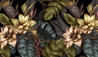 Wall Mural - Gold hibiscus flowers bouquets, protea flowers, banana leaves, palm, hummingbirds. Tropical exotic vintage seamless pattern. Hand-drawn 3D illustration. Good for luxury wallpapers, Generative AI