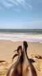 Generative AI : Woman legs sunbathing on the beach with the horizon in the background
