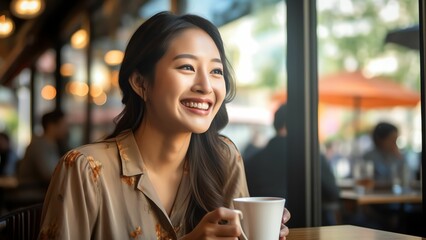 Generative AI : Woman covering her mouth to hide smile or bad breath during a date in a coffee shop with a window in the background