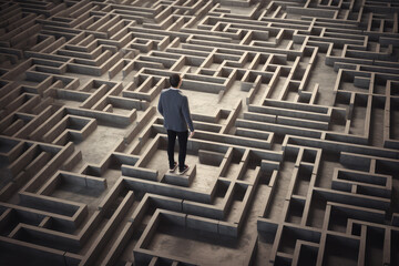 Man walking into big labyrinth. Finding solution concept, generative AI	
