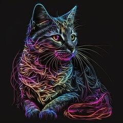 neon glow portrait of a cat on a black background.