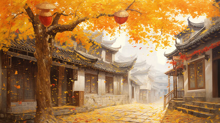 autumn landscape in the ancient Chinese city of Zen oriental weather.