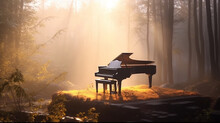 Piano In Autumn Park Morning Landscape Sound Concert.