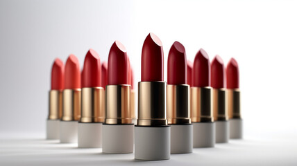 a group of red lipstick on a white background.