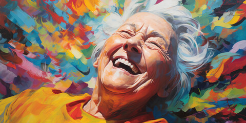 Wall Mural - Abstract painting of a smiling elderly woman, vibrant colors, exaggerated features, emphasizing joy and vitality, acrylic on canvas
