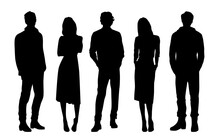 Vector Silhouettes Of  Men And A Women, A Group Of Standing   Business People, Profile, Black  Color Isolated On White Background