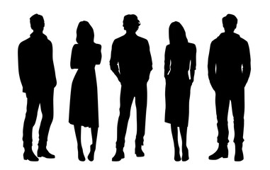 vector silhouettes of men and a women, a group of standing business people, profile, black color iso