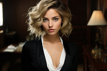 Pretty Blond Young Woman With A Sleek Hair Cut, Wearing A Tuxedo With A Soft White Shirt