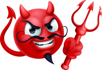 Poster - A red devil or satan emoji emoticon man face holding a trident, pitchfork or pitch fork cartoon icon mascot.