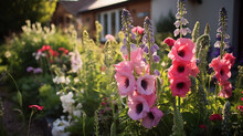 Whimsical Cottage Garden, Dense With Foxgloves, Poppies, Hollyhocks, Bumblebees Busy At Work, Shallow Depth Of Field
