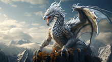 An Intricate Digital Sculpture Of A Dragon, Covered In Shimmering Scales, Perched Atop A Mountain Peak, With Wisps Of Cloud Around. Medieval Fantasy, High Contrast, Dynamic Lighting