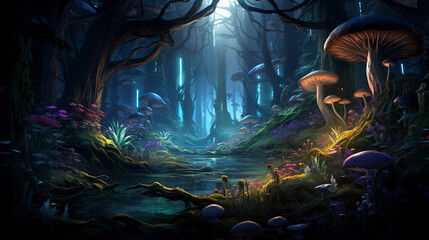 a lush, ancient forest illuminated by magical light, with strange, glowing creatures hidden amongst the undergrowth. Fantasy style, rich colors, and deep shadows. Ultra - high resolution, detailed tex