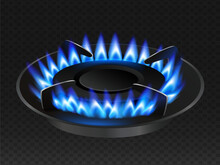 Gas Stove With A Blue Flame Is On At Full Power. Enlarged View Of The Front Gas Stove Head. Isolated On Transparent Black Background. Realistic Vector File.