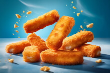 Tasty And Crunchy Fried Fish Fingers, Flying, Created With Generative Ai