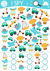 Wall Mural - Transportation I spy game for kids. Searching and counting activity with plane, car, ship, scooter. Air, water, land transport printable worksheet for preschool children. Simple spotting puzzle