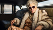 Portrait of rich old lady wearing fur coat and expensive jewelry and sitting on the back seat of a luxury limousine. Generative AI.