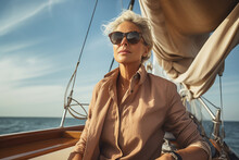Portrait Of Satisfied Mature Woman With Sunglasses Sitting On Her Sailing Yacht And Enjoying The Summer Vacation. Concept Of Leisure, Recreation, Luxury Lifestyle. Generative AI.