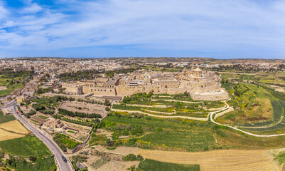 Wall Mural - Drone view of Mdina old town and castle, Malta, Europe. Sunny summer