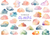 Fototapeta Sypialnia - Vector watercolor painted colorful clouds. Hand drawn design elements isolated on white background.