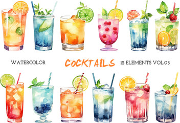 vector watercolor painted cocktails clipart. hand drawn design elements isolated on white background