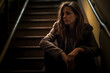Adult Woman Sitting Look Worried on The Stairway, dark light photography