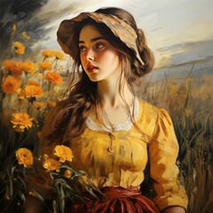 Wall Mural - impressionist oil on canvas painting of a young woman in Victorian times. Concept of loneliness and melancholy.