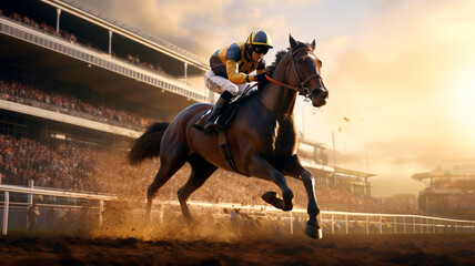 Wall Mural - A jockey participating in a horse racing or derby event, galloping atop a horse during the race, with the main stand in the background. Generative AI