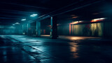 Fototapeta Przestrzenne - A dimly lit basement parking area or underpass alley during midnight hours. The asphalt is wet and hazy, with lights lining the sidewalls. Generative AI