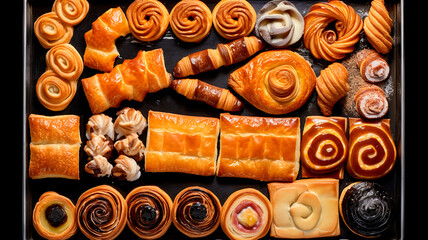 Wall Mural - overhead photograph of assorted Danish pastries on an industrial aluminium baking tray. Generative AI