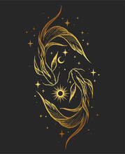 Hand Drawn Illustration Of Gold Two Fish Isolated On Black Background. Astrological Zodiac.