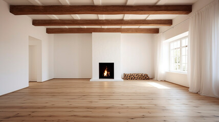 A room with white walls, wooden flooring, and ceiling beams, accompanied by a fireplace on the right side. Generative AI