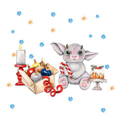 Wall Mural - Christmas composition with box with presents and fawn. Watercolor hand drawn illustartion. New Year's card, perfect for wedding, invitations, blogs, card templates, birthday , patterns, quotes.