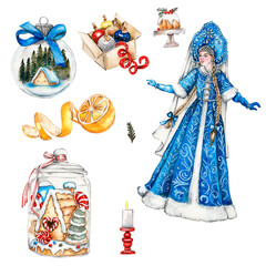 Wall Mural - Watercolor illustration of Snow maiden girl in blue dress and box with Christmas gifts. New Year's card, perfect for wedding, invitations, blogs, card templates, birthday , patterns, quotes.