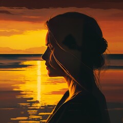 Wall Mural - sexy young brunette woman on the beach at sunset