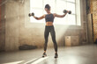 © Friends Stock - Perfect body. Young athletic woman in sportswear exercising with dumbbells while standing in front of window at gym.