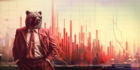 Bear market concept - animal in business suit, looking content, abstract red falling prices chart background. Generative AI