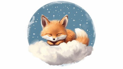 Wall Mural - a fox cub sleeps on a cloud watercolor on a white background illustration of the little .