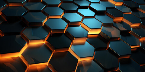 3 d rendering hexagons on black background with glowing lights. 