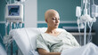© Sarah - A bald woman sitting in a hospital bed being treated for cancer with chemotherapy